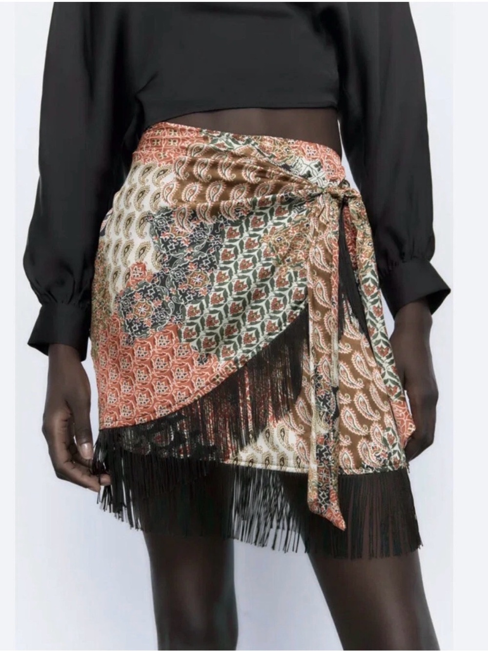 Zara Printed Fringed Wrap Mini Skirt Size Medium